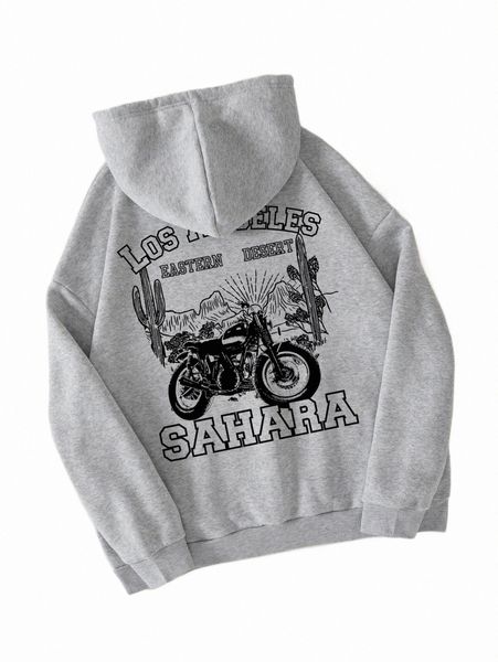 

motorcycle & letter graphic kangaroo pocket drawstring thermal hoodie w95f#, Black