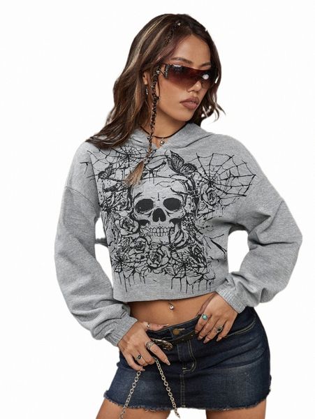

skull & floral print drop shoulder crop pullover d2rx#, Black