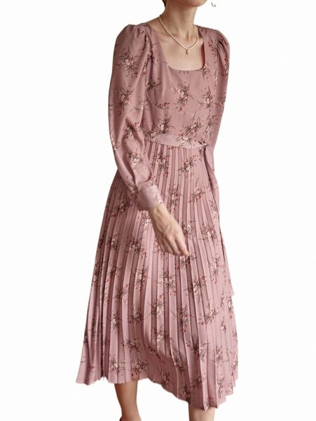 

simple retro floral print square neck pleated hem dress 20za#, Black;gray