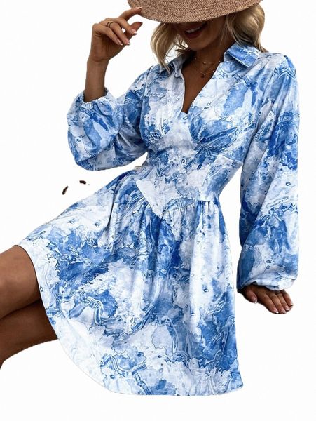 

tie dye print lantern sleeve dress r5zc#, Black;gray