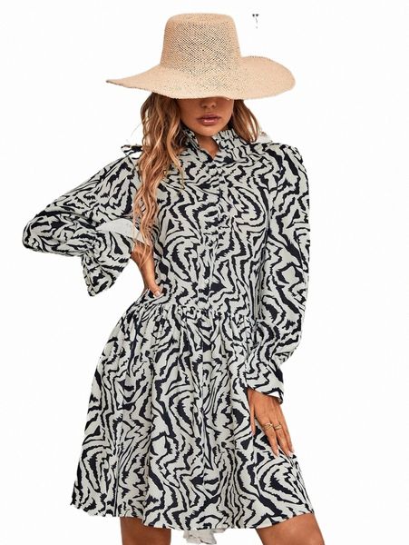

zebra striped flounce sleeve half button dress g7i3#, Black;gray