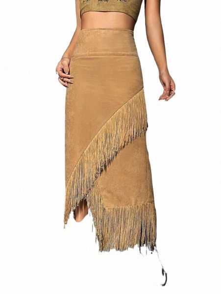 

fringe trim asymmetrical hem suede skirt l4wf#, Black