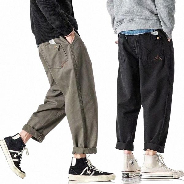 

men's pants men casual vintage retro all-match cargo trousers stylish solid simple high street loose versatile straight korean style x1, Black
