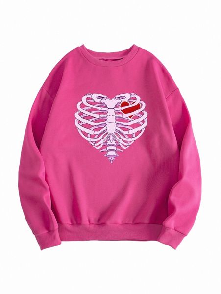 

skeleton print thermal lined sweatshirt 56vl#, Black