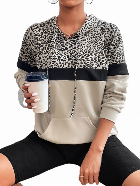

leopard print colorblock kangaroo pocket drawstring hoodie 33ue#, Black