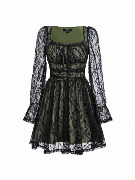 

mod lace overlay flounce sleeve square neck dress s71c#, Black;gray