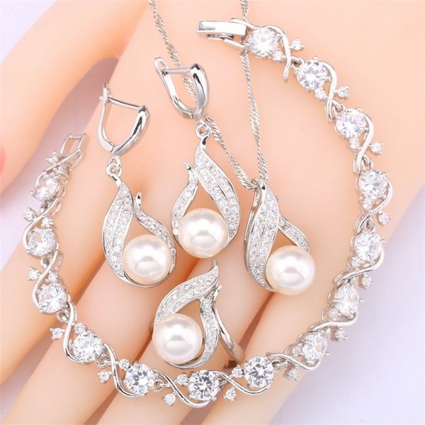 

natural white pearl dubai jewelry sets for women zircon bracelet earrings rings necklace pendant birthday gift 220818, Slivery;golden