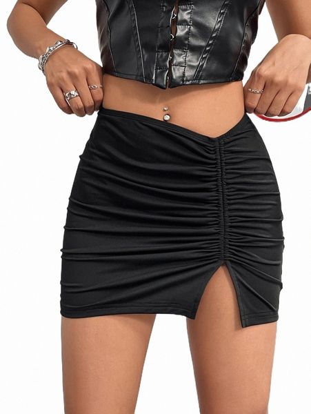 

ruched split hem bodycon skirt k06q#, Black