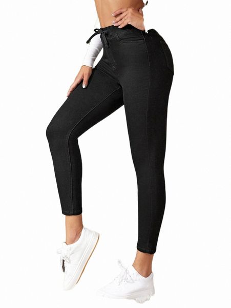 

drawstring waist solid skinny jeans r6wr#, Blue