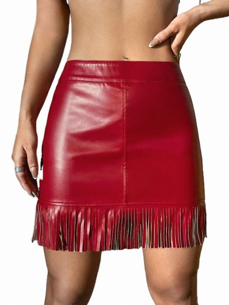 

x made in america fringe hem pu skirt h8tm#, Black