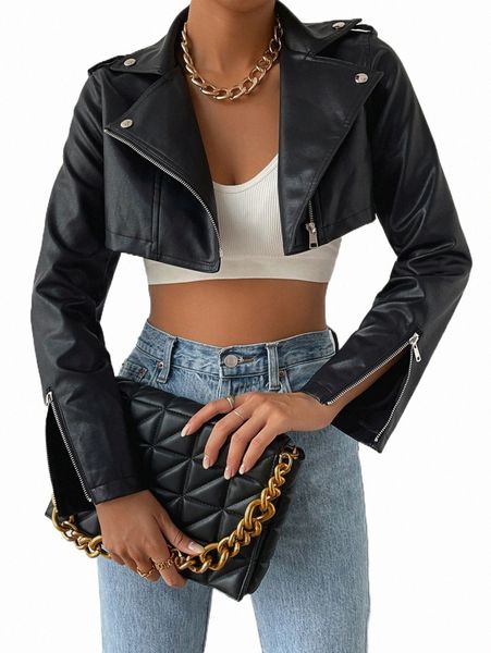

lapel neck zip detail crop pu leather moto jacket e4ew#, Black;brown