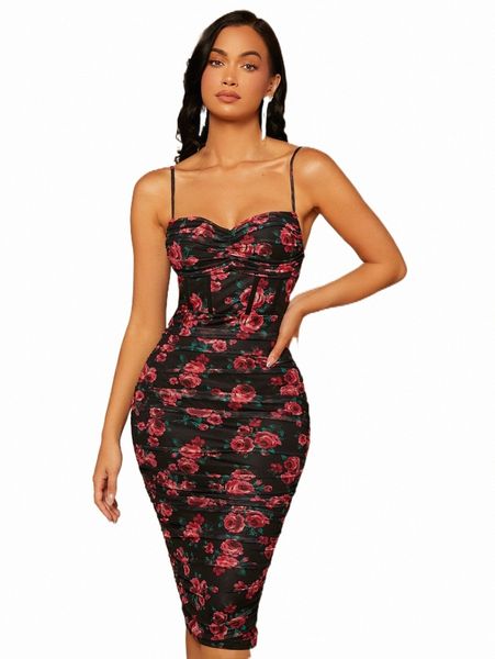 

allover floral print ruched bust bodycon dress g5tu#, Black;gray