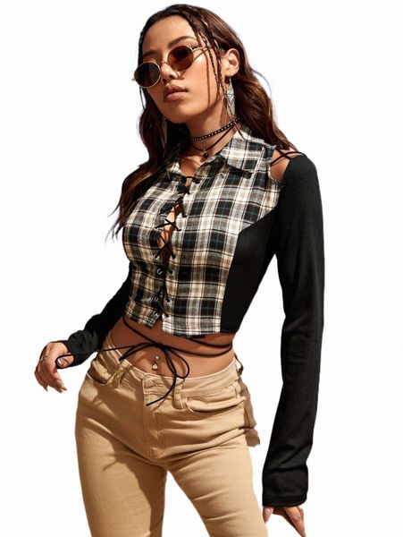 

plaid print cut out crop blouse u6si#, White