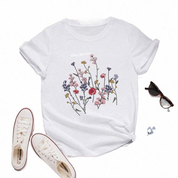 

s-5xl plus size tshirt women fashion flower printed t shirt o neck short sleeve tees summer 100%cotton woman tshirts women's t-shirt t, White