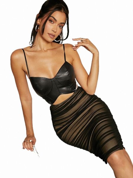 

cutout detail split back ruched mixed media cami dress e4jr#, Black;gray
