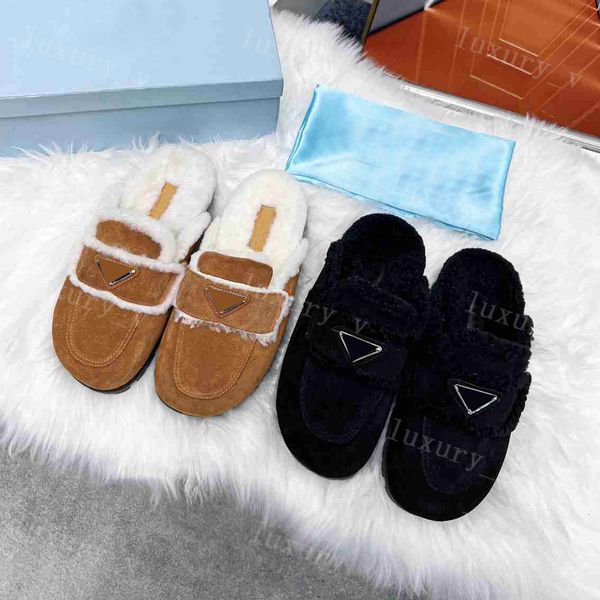 

designer slippers women loafers autumn winter warm wool slipper classic sandals lady half slipper pattern slides, Black
