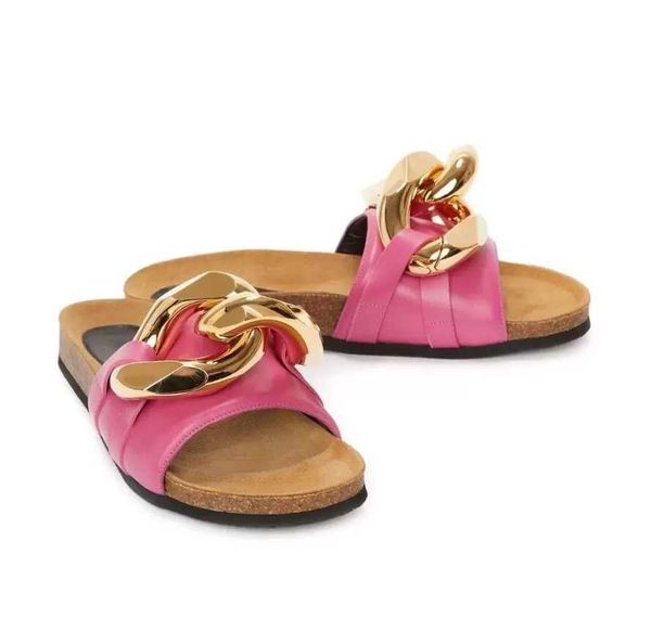 

summer luxury brand sandals shoes women slides chunky golden chain embellished leather slippers flip flops comfort walking sandalias 35-42, Black