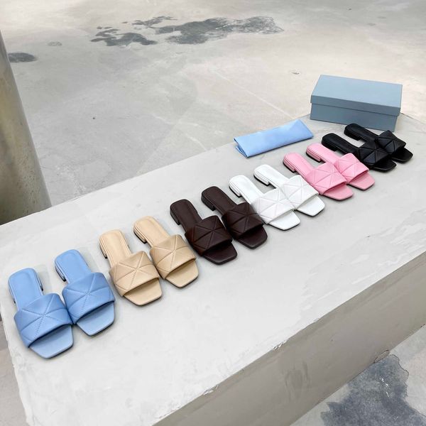 

new ladies sandals flats heel calfskin slip-ons round toes slippers heeled sandal flip-flops satin leather slipper quilted nappa leather, Black