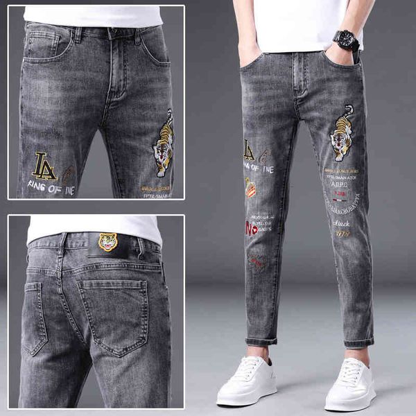

men's jeans men's fashion brand tiger embroidery print spring and summer slim fit leggings trend cropped pants t801, Blue