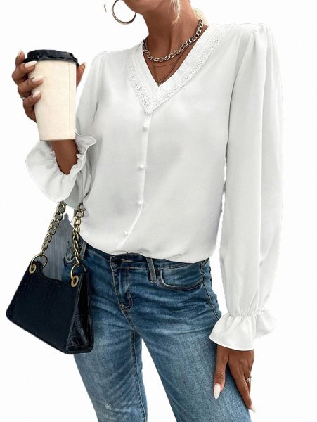 

solid flounce sleeve blouse o7vv#, White