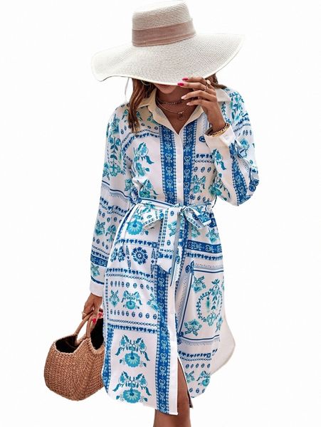 

baroque print belted shirt dress h52t#, Black;gray