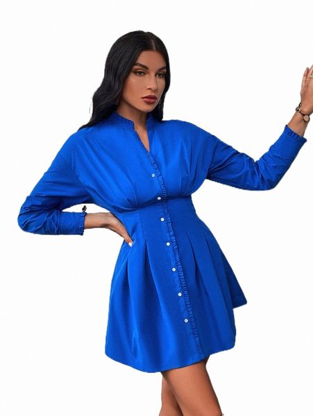

frill trim button up plicated dress p8ht#, Black;gray