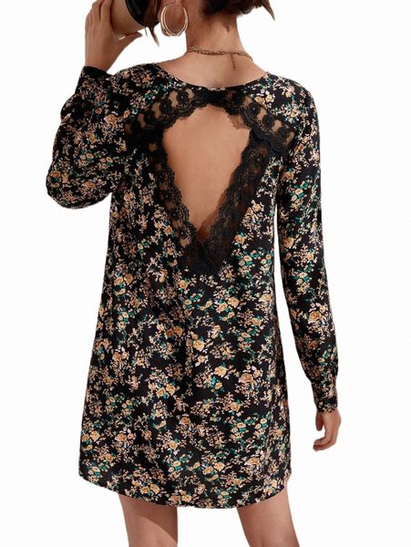 

floral print contrast lace cut out back dress a1ku#, Black;gray