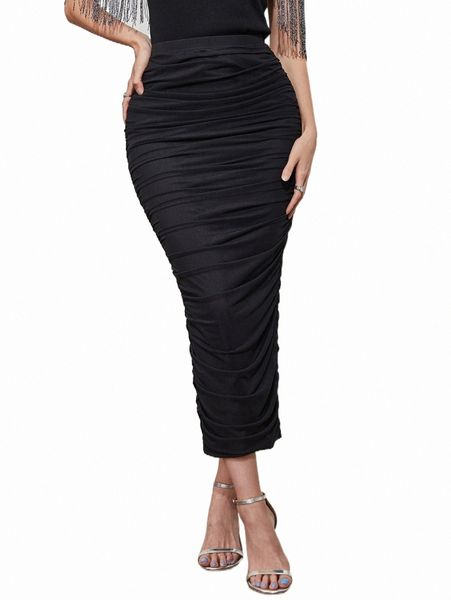 

solid ruched split back skirt c08k#, Black