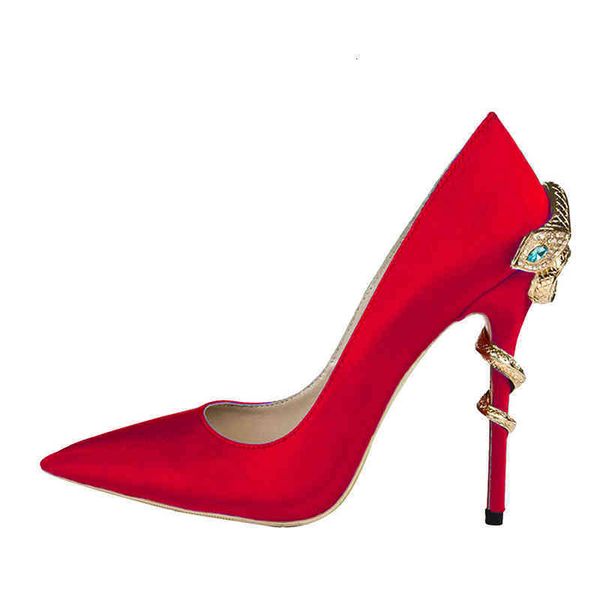 

satin dress shoes shallow mouth women high heels summer fashion snake type metal decoration fairy shoes unique temperament, Black
