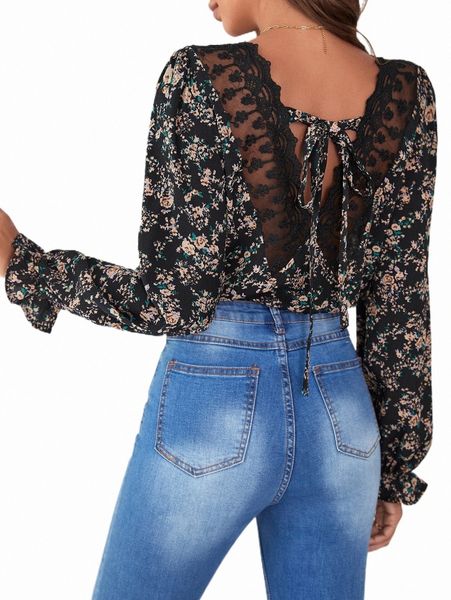 

floral print contrast lace tie back flounce sleeve blouse k7kv#, White