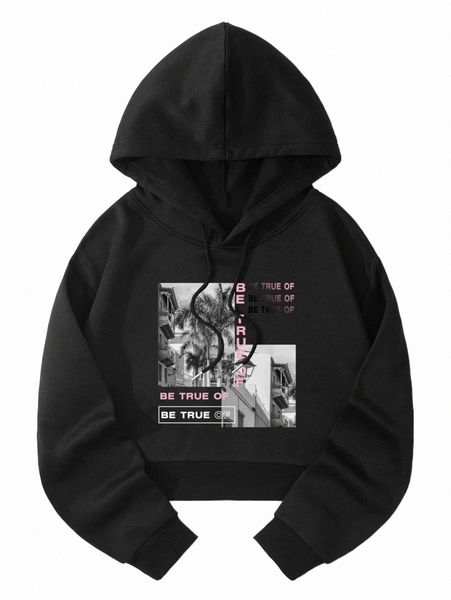 

picture and slogan graphic thermal lined crop drawstring hoodie z3pt#, Black