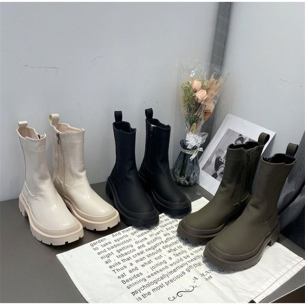 

fashion platform women ankle boots female pu leather knitted stretch chelsea soild ladies thick bottom side zipper shoes 220818, Black