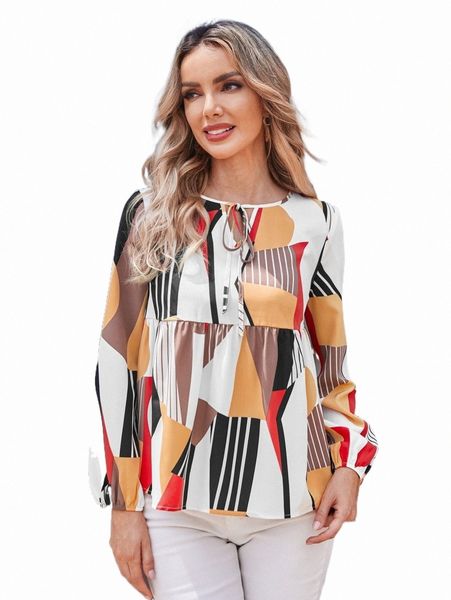 

emery rose tie neck geo print blouse m0ou#, White