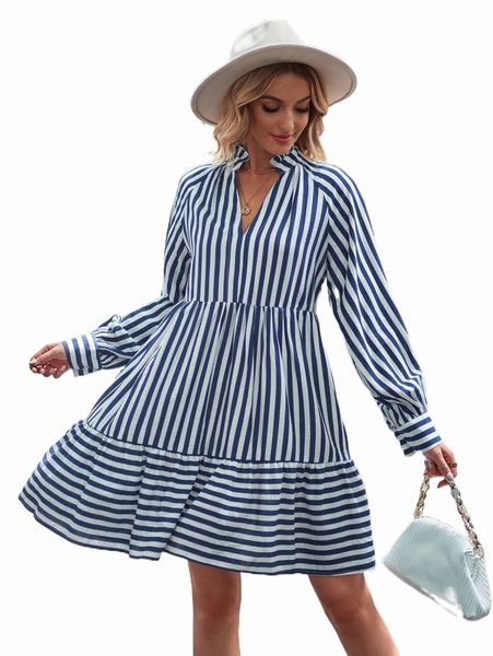 

striped notched neck ruffle hem dress q8hl#, Black;gray