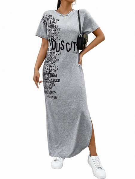 

letter graphic split hem tee dress s5yl#, Black;gray