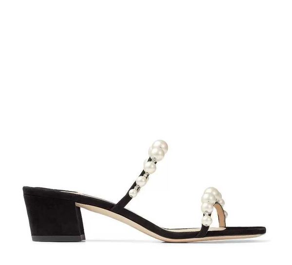 

luxurious design amara women sandal pearl strap slippers chunky heels mule square toe lady summer pumps dress party wedding eu35-43.box, Black