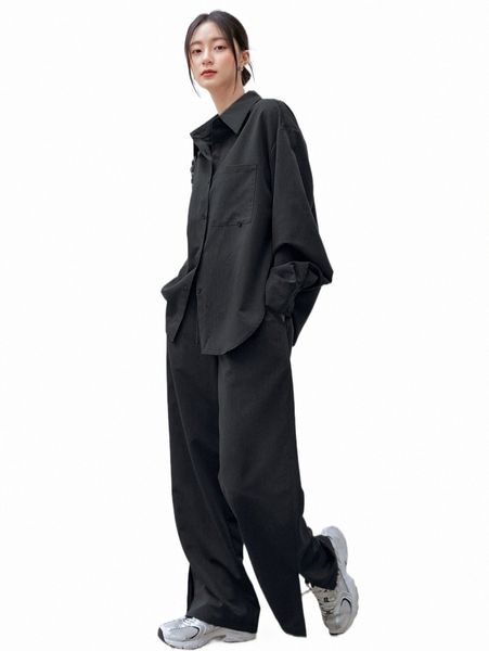 

dazy-less solid button front drop shoulder shirt & split hem pants n8k7#, White