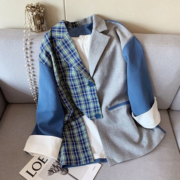 

autumn winter vintage stylish patchwork plaid irregular blazer women fashion long sleeve female suits coats outwear 220818, Black;brown