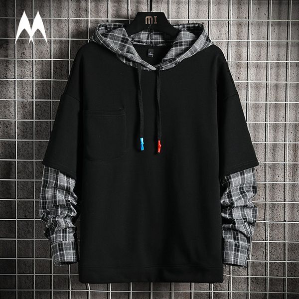 

plaid patchwork hoodie men 2022 brand new harajuku hoodies men high street oversized hooded sweatshirts streetwear men clothing y220818, Black