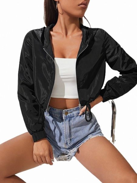 

petite drawstring hem hooded crop jacket 48pw#, Black;brown