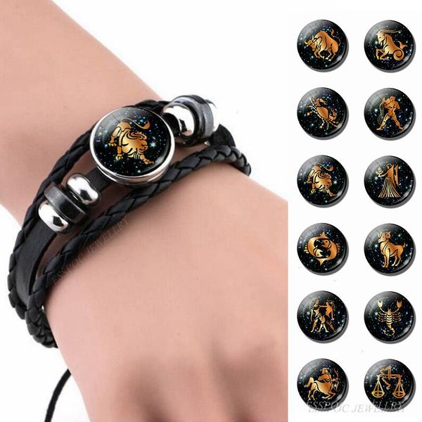 

12 constellation leather bracelet zodiac strand sign handmade glass cabochon black punk mens jewelry horoscope astrology birthday