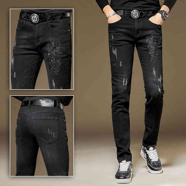 

men's jeans european goods spring and summer embroidered jeans men's slim fit pants korean fashion black zbyu, Blue