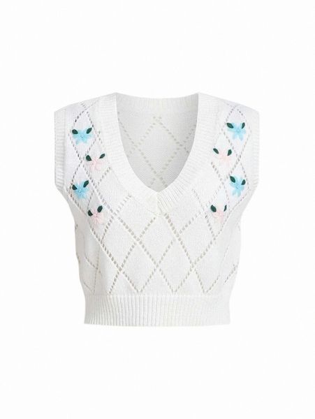 

mod floral embroidery pointelle knit sweater vest t8cx#, White;black