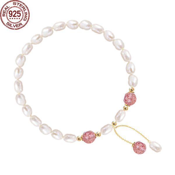 

popular 925 silver strawberry crystal natural and tian yuzhu bracelet beaded strands baroque millet pearl fashion girl luxury jewelry, Black