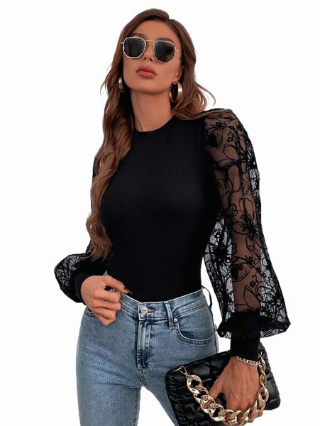 

contrast lace lantern sleeve 67xy#, White