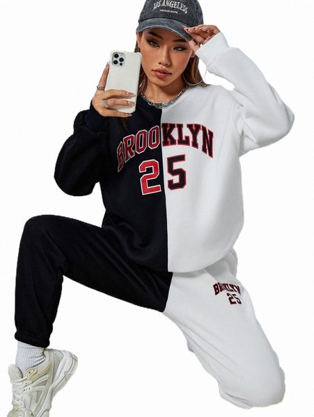 

two tone letter graphic drop shoulder sweatshirt & sweatpants f3tt#, White