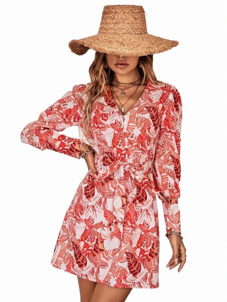 

allover plants print puff sleeve belted dress d1yy#, Black;gray