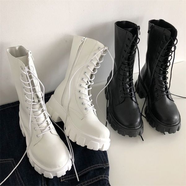 

mid calf boots women autumn winter fashion lace-up ladies chelsea zipper botas mujer sports platform heel shoes 220818, Black
