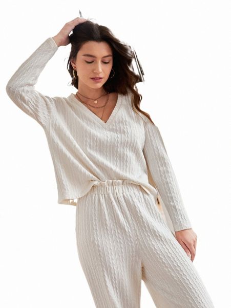 

frenchy drop shoulder v neck tee & paperbag waist pants 72mt#, White