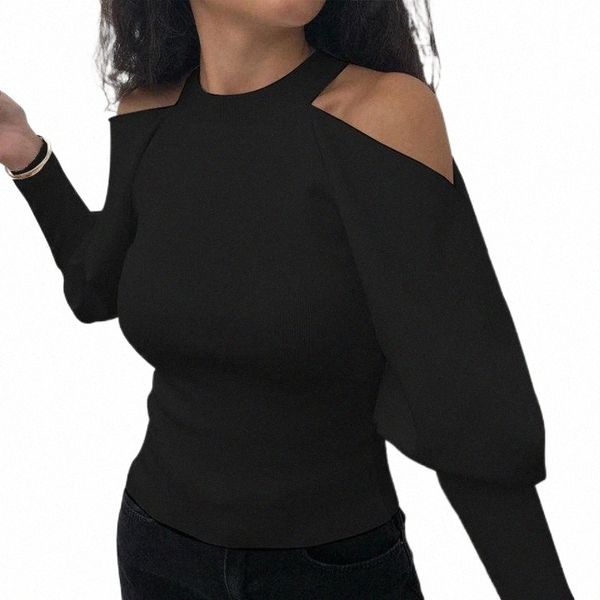 

women t shirt long sleeve shoulder bare dropped crop 2021 bottoming knitted t-shirts slim fitness clothing women's t-shirt f0yj#, White